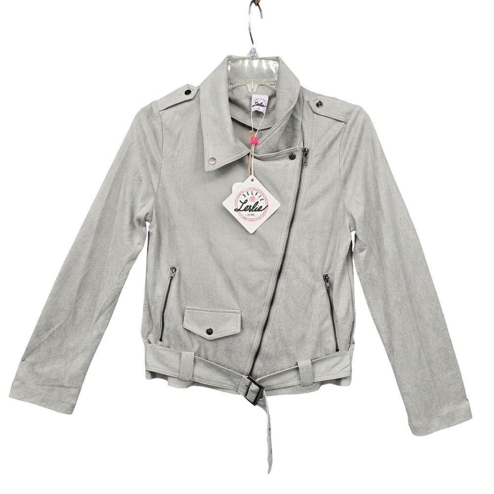 Selfie Leslie Womens Grey Faux Suede Moto Biker Jacket Belted Size Small NWT